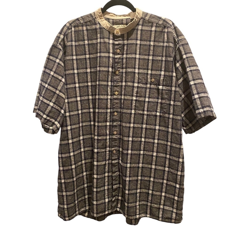 Shelter Island Outfitters men's size 2X blue cream plaid band collar linen blend